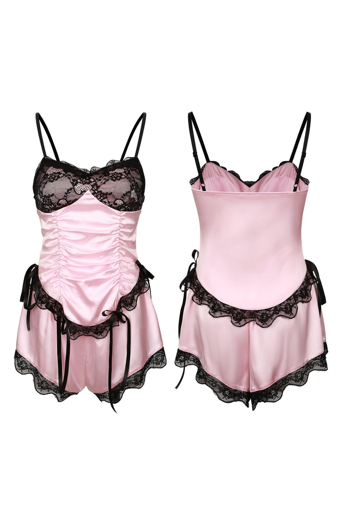 U【Valentine's Day】Exquisite Lace and Satin Suspender Shorts Pajama Set | Musebree - Musebree