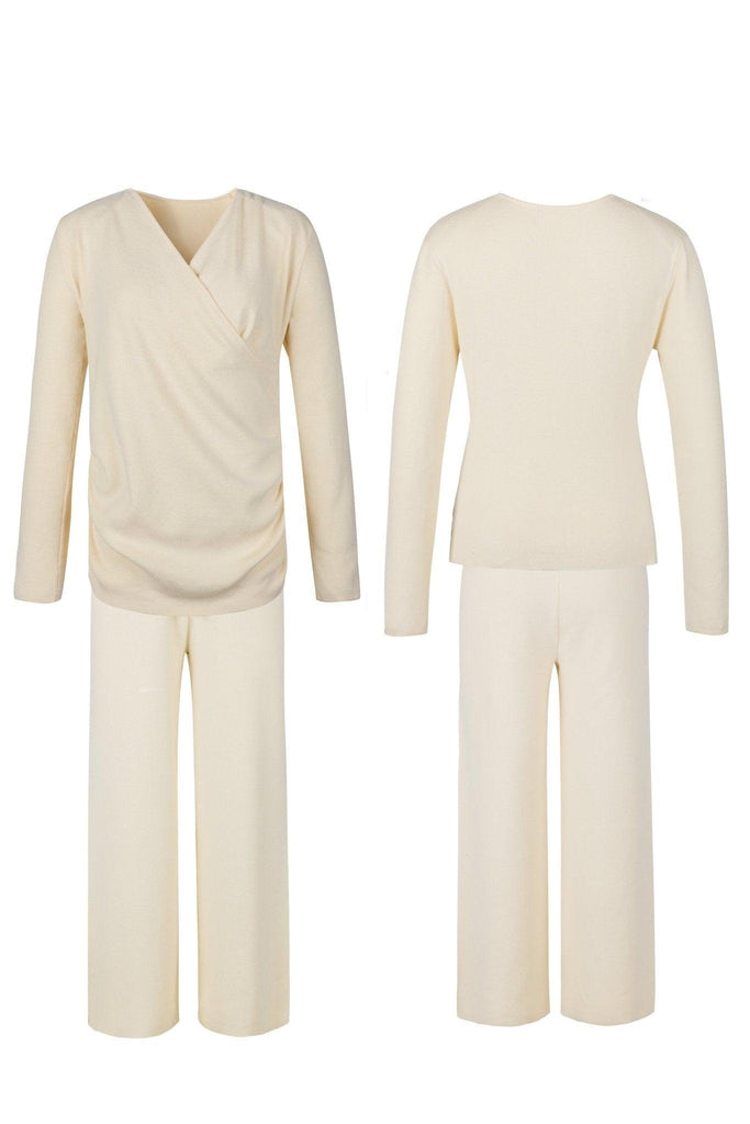 Z Simple Cross V-Neck Slimming White Comfortable Loungewear Set | Musebree - Musebree