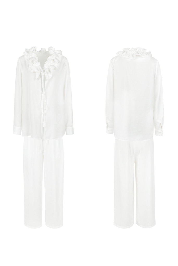 Z Simple Premium White Ruffle Neck Ruffled Loungewear Set Can Be Worn Out | Musebree - Musebree