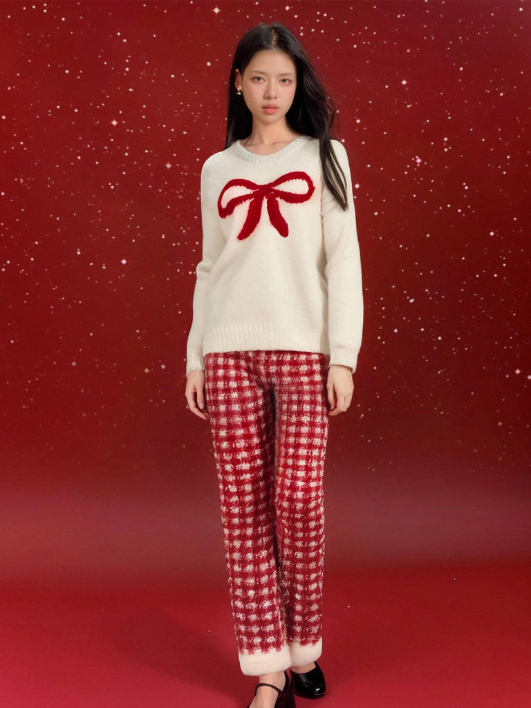 X Winter Loungewear Set Plush Bow Jacquard Top with Plaid Trousers | Musebree - Musebree