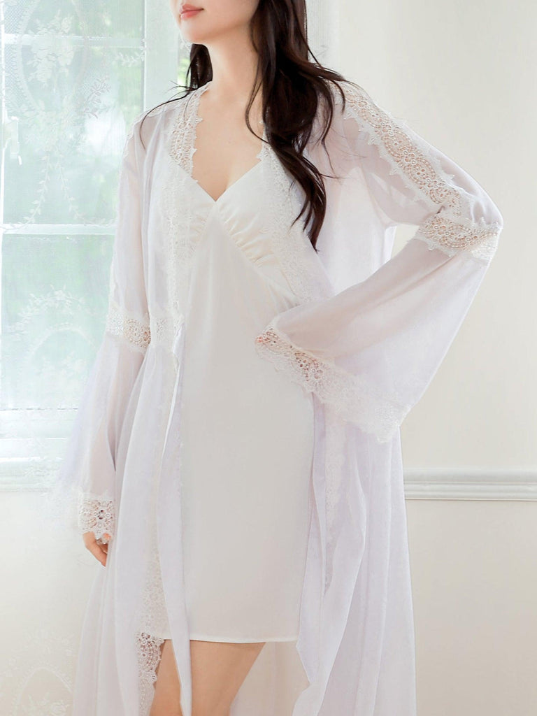 V Sexy Sheer Lace Princess Robe with Romantic French Charm and Intricate Hollow Out Design | Musebree - Musebree