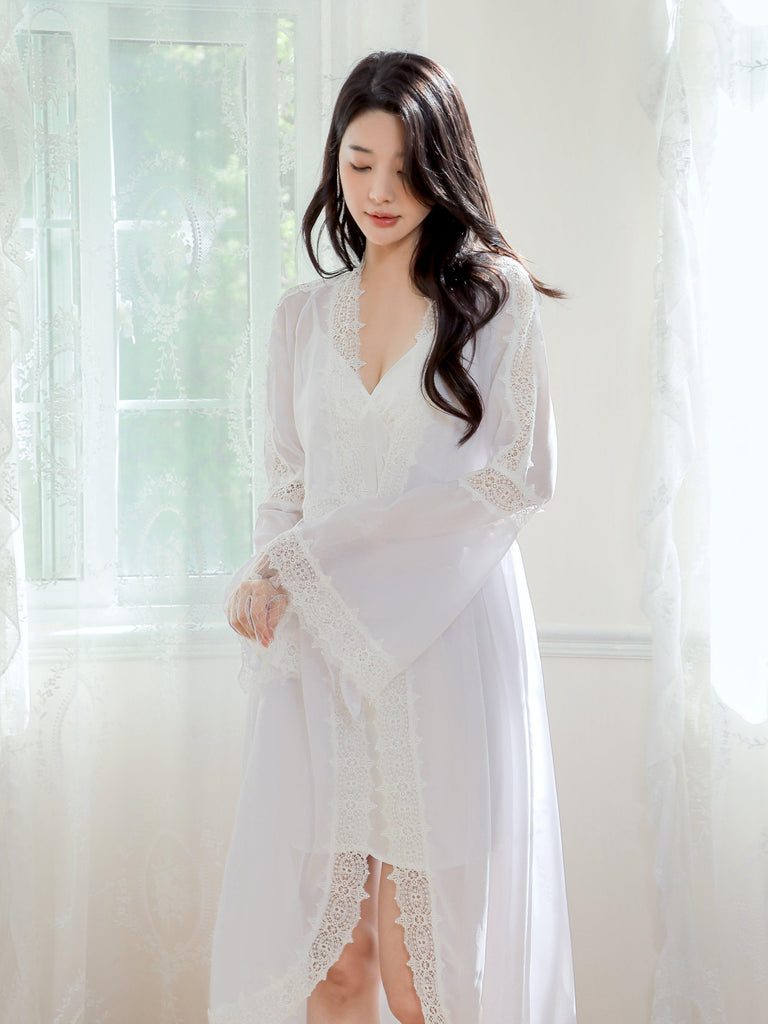 V Sexy Sheer Lace Princess Robe with Romantic French Charm and Intricate Hollow Out Design | Musebree - Musebree