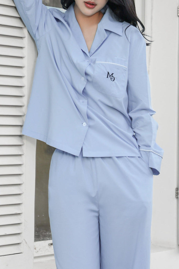 W Old Money Style Timeless Blue Cotton Pajama Set with Logo Embroidery | Musebree - Musebree