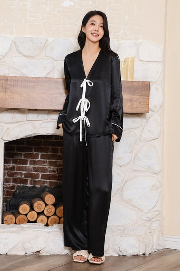 V Comfortable and glossy fabric butterfly-shaped strap cardigan pajama set | Musebree - Musebree