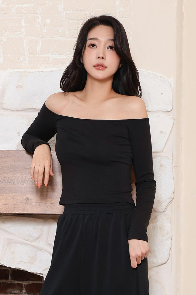 W Pop Off Shoulder Tight Tee Skin Friendly Modal Fabric Highly Elastic Slim Fit | Musebree - Musebree