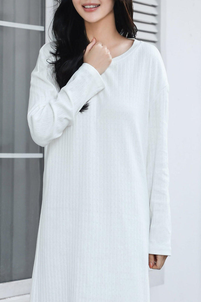 W White Knitted Jacquard Cozy Nightdress with Soft and Breathable Wide-Cut Design | Musebree - Musebree