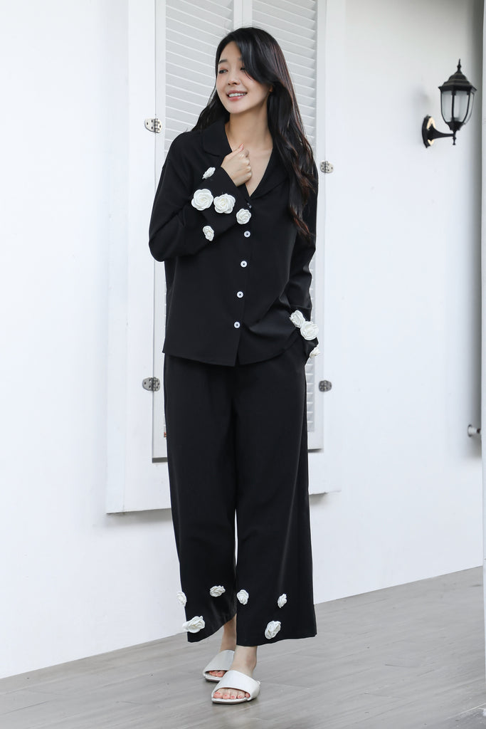 Black Casual Pajama Set Comfortable Breathable with Exquisite Handcrafted Floral Design | Musebree