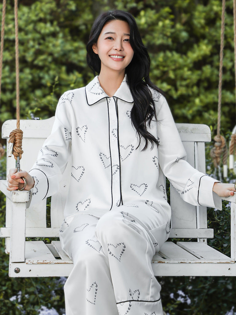 W Valentine's Day Limited Edition Heart-printed Elegant Simple Pajamas Home Wear Set | Musebree - Musebree