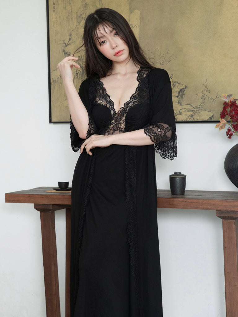 X Light Luxury Sexy Lace Patchwork Modal Nightdress and Cardigan Loungewear Set | Musebree - Musebree