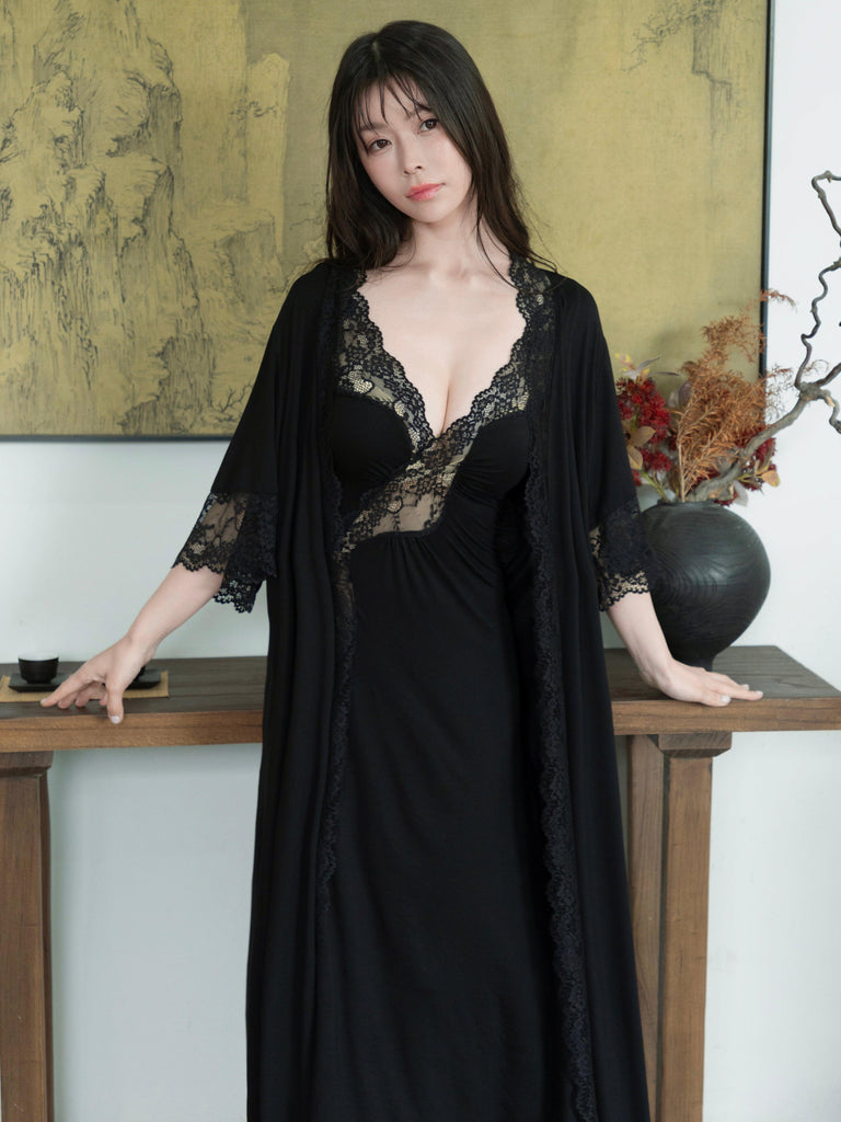 X Light Luxury Sexy Lace Patchwork Modal Nightdress and Cardigan Loungewear Set | Musebree - Musebree