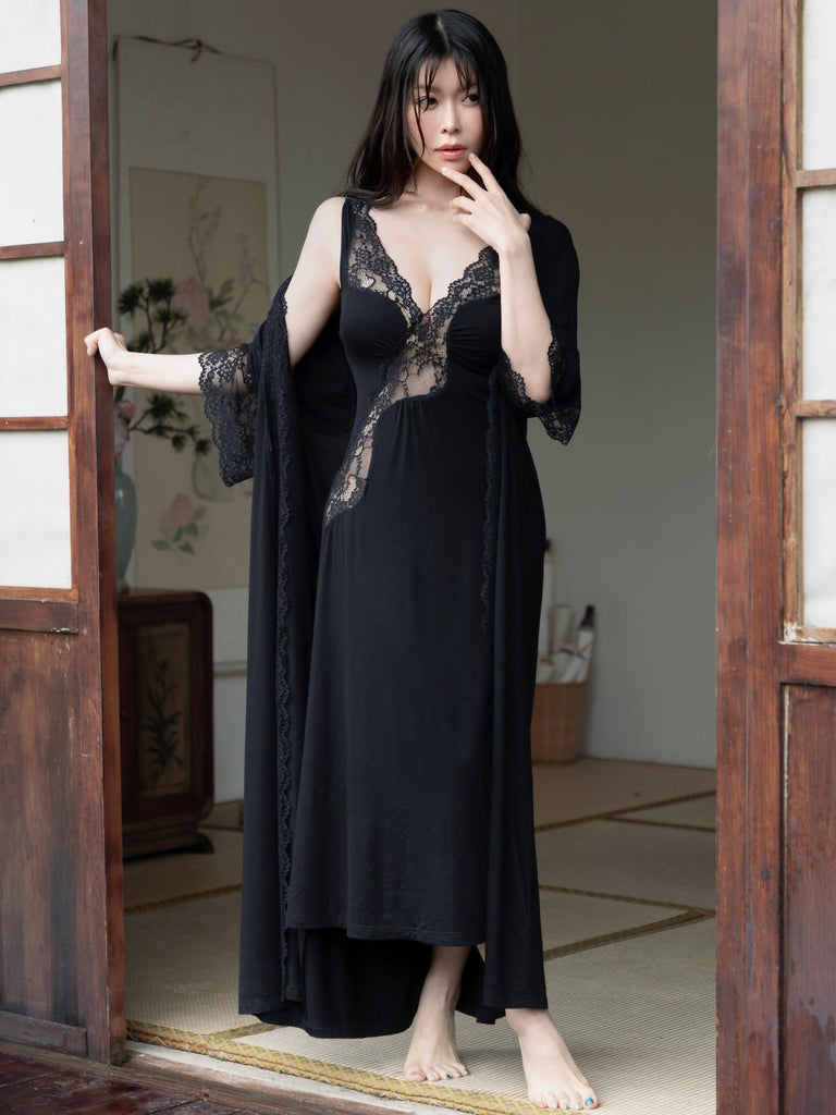 X Light Luxury Sexy Lace Patchwork Modal Nightdress and Cardigan Loungewear Set | Musebree - Musebree