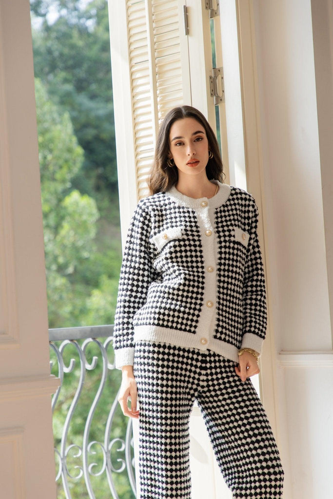 Z Winter Black and White Plaid Elegant Loungewear Warm Plush Set | Musebree - Musebree