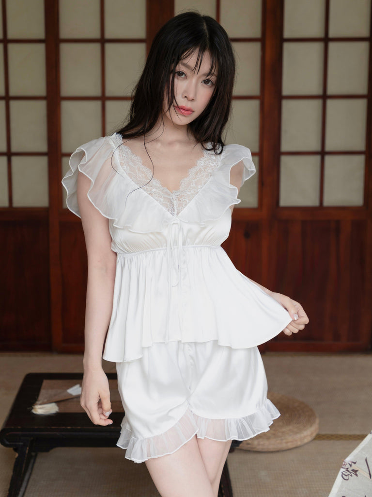 U【Valentine's Day】Female sexy Romantic Princess style lace super satin satin pajama shorts pajama set | Musebree - Musebree