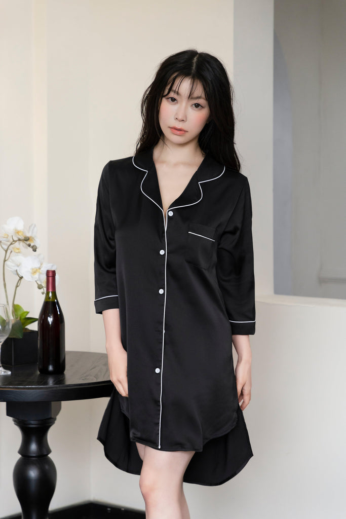 U【Valentine's Day】Black Shirt Nightdress Elegant Pajamas with White Piping | Musebree - Musebree