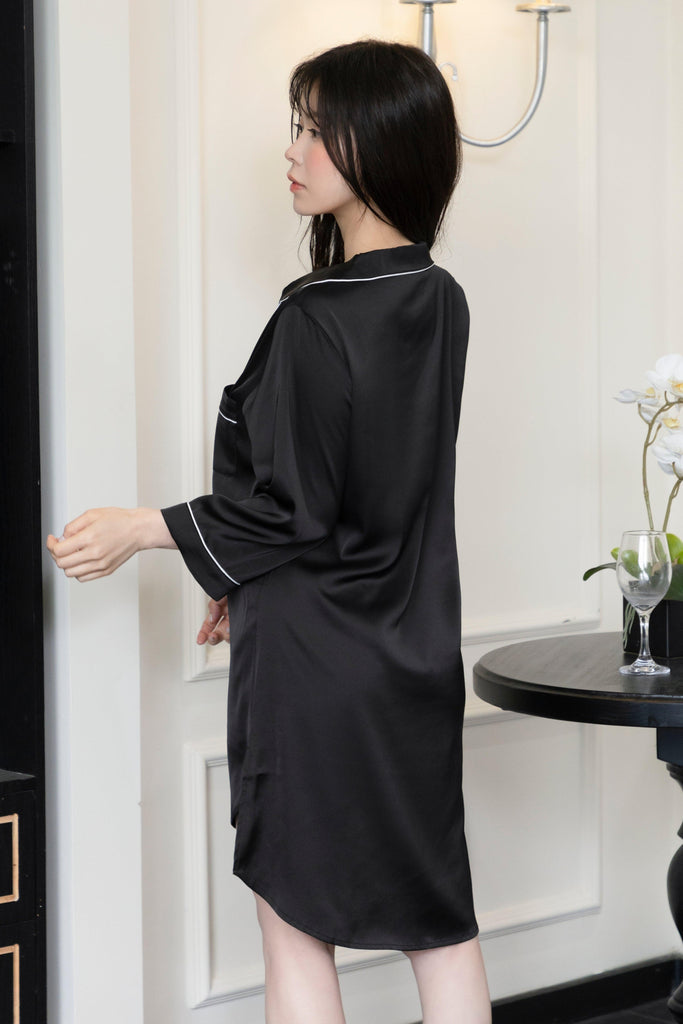 U【Valentine's Day】Black Shirt Nightdress Elegant Pajamas with White Piping | Musebree - Musebree