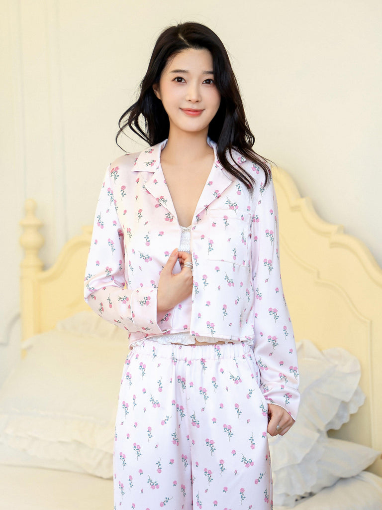 V Minimalist Luxury Noble Princess Flower Long Sleeved Pajama Set | Musebree - Musebree