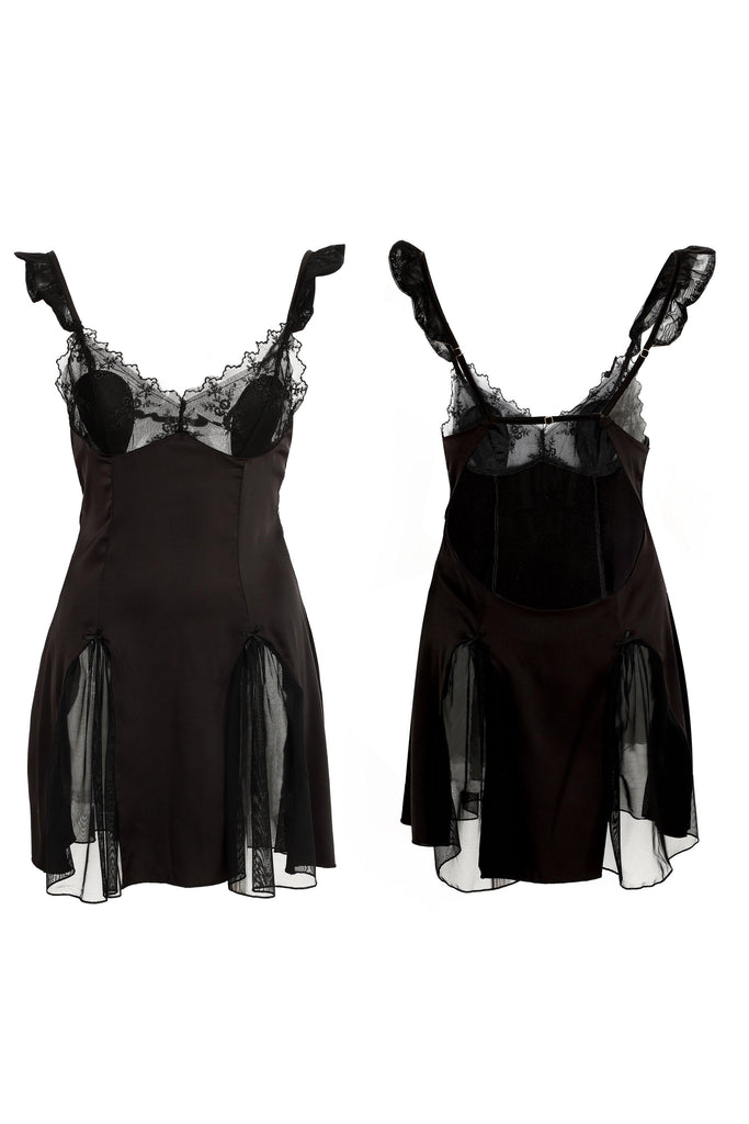 U【Valentine's Day】Elegant Sexy Nightdress Black Satin Lace Chemise Flattering Comfortable Fit | Musebree - Musebree