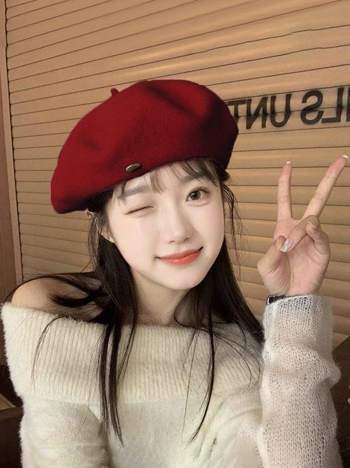 U1 25 New Year's Cute and Enthusiastic Red Burgundy Beret | Musebree - Musebree