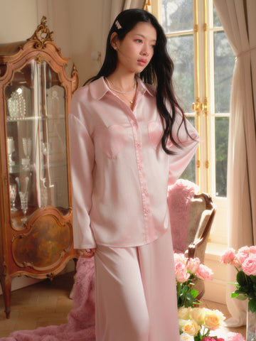 【Valentine's Day】Pink Cozy Pajama Set with Heart Pocket and Feather Detailing at Pant Cuffs | Musebree