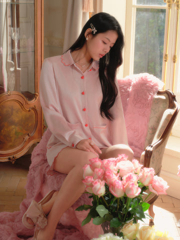 【Valentine's Day】Romantic Pink Heart Button Contrast Wave Loungewear Set Comfortable Loose Fit | Musebree