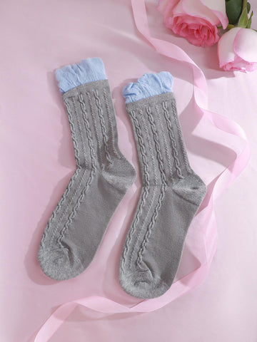 X【New Year Gift】Free Korean Sweet Colour Block Knit Mid Calf Socks | Musebree - Musebree