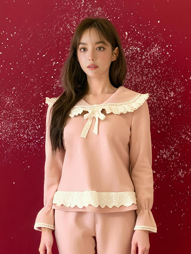 Z Soft Grain Velvet Warm Pink Loungewear Cute Embroidered Lace Doll Collar | Musebree - Musebree