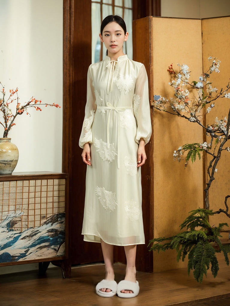 Elegant Oriental-Inspired Floral Embroidered Nightdress Wearable for Indoor Lounging | Musebree