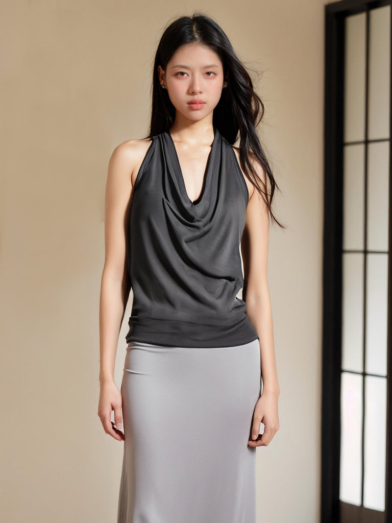 Sexy Slimming Cowl Neck Halter Top in Grey for Casual and Party Wear | Musebree